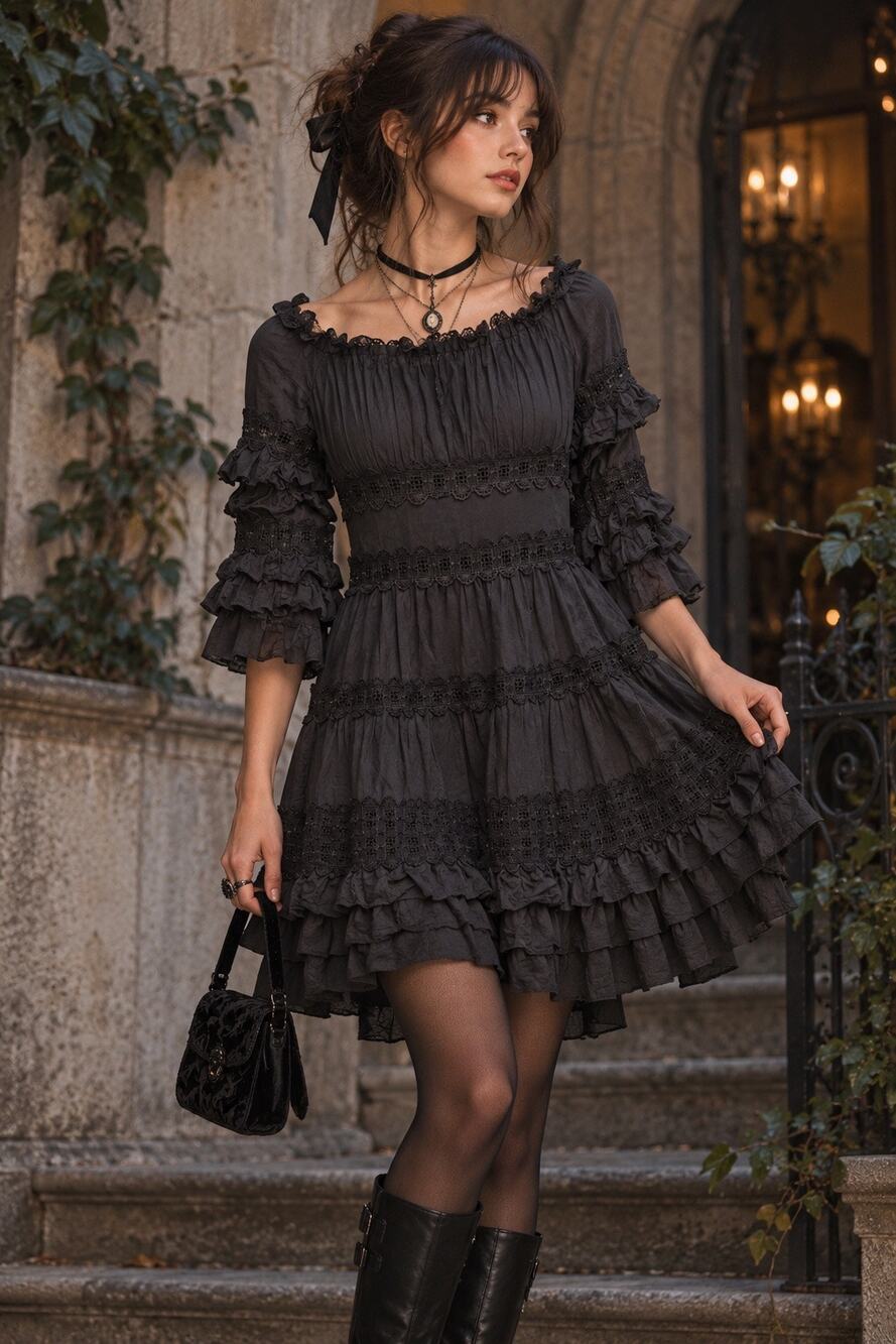 Aqua Black Long Sleeve Ruffle Lace Trim Crochet Whimsigoth Mini Dress Size XS